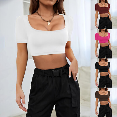 #ad Women#x27;s Sexy Square Neck Crop Top Summer Short Sleeve Slim Fit Tee T Shirt US $13.96
