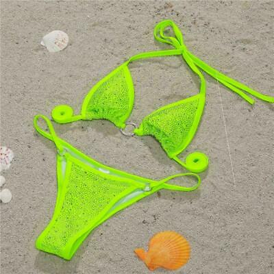 #ad Women Sexy Rhinestone Bikini Set Crystal Push Up Thong Swimsuit GBP 14.99