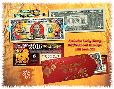 #ad Lot of 25 Chinese New YEAR OF THE MONKEY 2016 Lucky Money Gold Hologram $1 BILL $229.00
