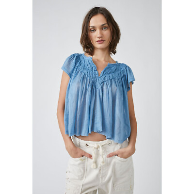 #ad Free People FP One Padma Top Blue V Neck Flutter Sleeve Blouse Medium M NEW $88.95