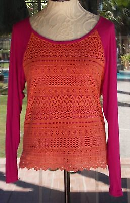 #ad New Long Sleeve Orange Macrame Overlay Pink Shirt Sz. L Juniors 38quot; Bust $11.99