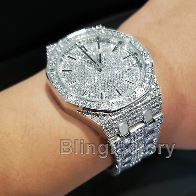 #ad Men Luxury Silver Plated Stainless Steel Bling Simulated Diamond Bracelet Watch $33.99