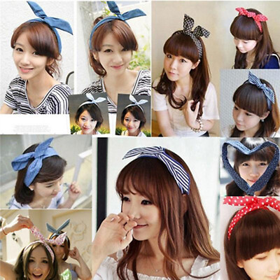 #ad 1Pcs Cute Dot Bow Rabbit Bunny Ear Ribbon Hair Band Wire Elastic Headband Wrap $1.59
