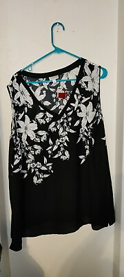 #ad NEW Avenue Sz 3X 22 24 Black White Floral Tank Top Sheer Sleeveless Shirt $18.47
