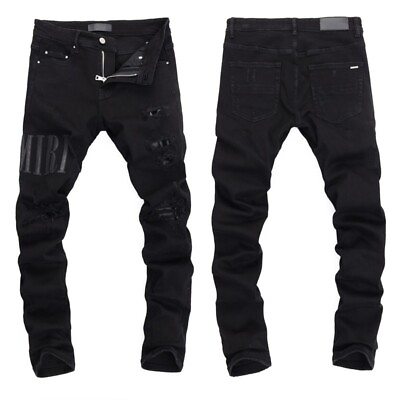 #ad Men#x27;s Punk Ripped Elastic Slim fit Jeans， Retro Classic High Quality Black Pants $58.56