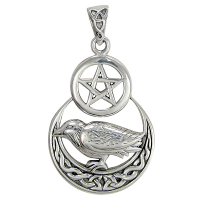 #ad Sterling Silver Raven Pentagram Pentacle Pendant Celtic Moon Crow Witch Jewelry $39.99