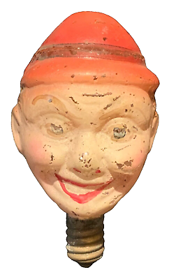 #ad RARE ANTIQUE GERMAN FIGURAL CLEAR GLASS LIGHT BULB SMILING MAN IN RED HAT $350.00