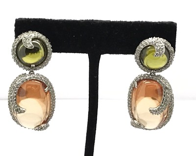 #ad Silver 925 Peridot Topaz Oval Round CZ Pave Chunky Curved Swirl Post Earrings $198.00