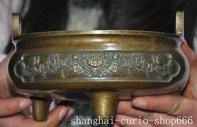 #ad 6.6quot;Marked old China dynasty bronze lotus Both ears Incense burner Censer statue $106.25