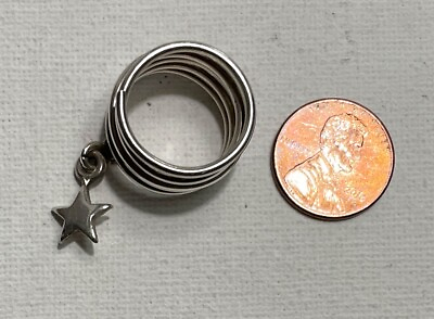 #ad Wide Sterling Silver Spiral Band w Star Dangle Charm Ring Size 6.5 J 116 $29.95
