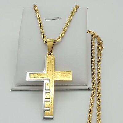 #ad Men#x27;s Stainless Steel Bible Our Father Lord#x27;s Prayer and Cross Pendant Necklace $20.00
