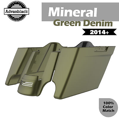 #ad Mineral Green Denim Extended Saddlebags Stretched Bag Rear Fender For 14 Harley $699.00