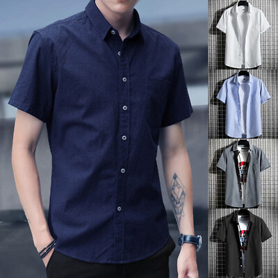 #ad Mens Button Down Shirts Short Sleeve Casual Summer Loose Plain Shirt Blouse Tops $11.17