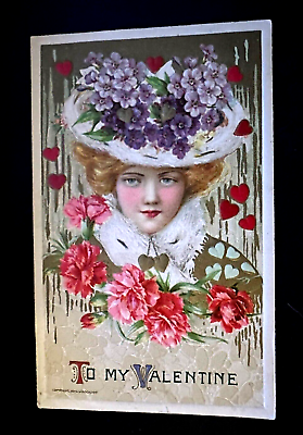 #ad Pretty Lady in Big Hat with Flowers Winsch Schmucker Valentine Postcard h336 $38.00