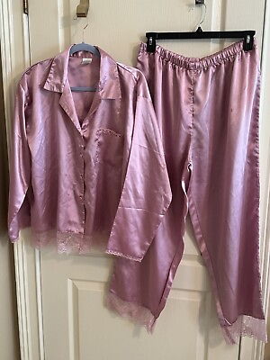 #ad Ladies Satin Pajama Set Size 1X Premier Intimates Plus Rose Pink 3quot; Lace Polyest $15.99