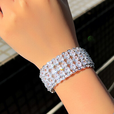 #ad Sparkling Big Wide Bracelet White CZ Women Multilayer Round Tennis Jewelry Gift C $19.04