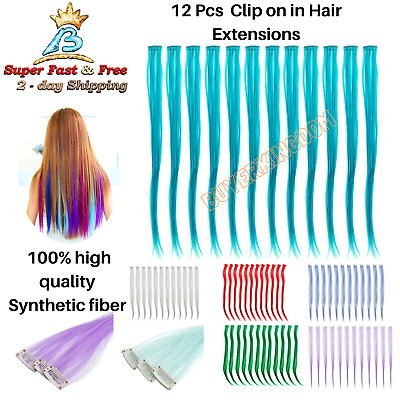 #ad Clip On In Hair Extensions Colored Synthetic 12 Pcs Straight Party Highlights $18.07