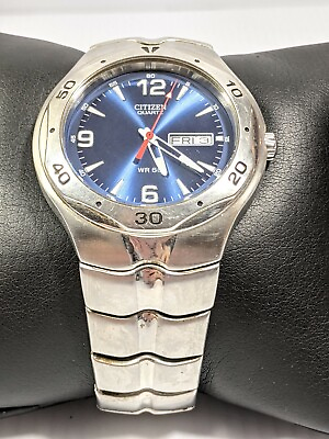 #ad Citizen Silver Tone Blue Dial Day Date Indicator Stainless Steel Band Watch 7 In $52.49