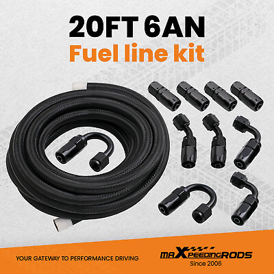 #ad 6AN 20FT Fuel Line Hose Kit Nylon Stainless Steel Braided Oil Hose Fittings AN6 $45.59