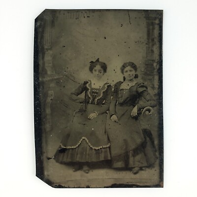 #ad Playful Seated Young Ladies Tintype c1870 Antique 1 6 Plate Women Photo B2810 $29.95