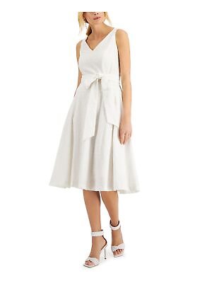 #ad TAYLOR Womens White Tie Belt Lined Sleeveless Fit Flare Dress Petites 4P $12.99