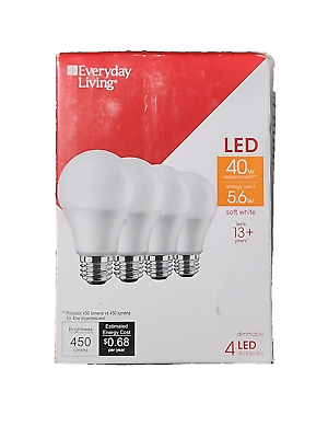 #ad LED Soft White Light Bulb 5.6 Watt 40 Watt Replacement A19 Medium Base 4 Pack $10.99