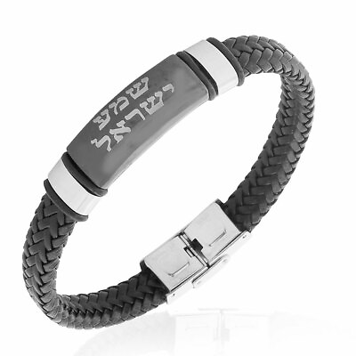 #ad Stainless Steel Black Faux Leather Sh#x27;ma Shema Israel Prayer Mens Bracelet 8quot; $19.99