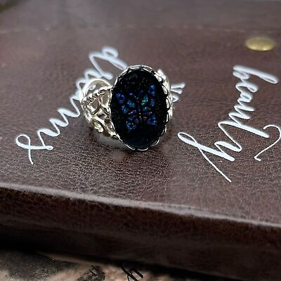 #ad Vintage Glass Blue Butterfly Cabochon Stainless Steel Filigree Adjustable Ring $25.00