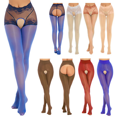 #ad US Women See Through Crochless Pantyhose Glossy Lace Stockings Stretchy Lingerie $5.97