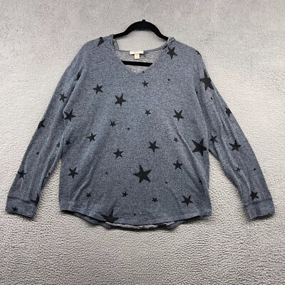 #ad Style Co Womens Hooded Sweater Blue Stars Pullover Long Sleeve V Neck Size L $9.00