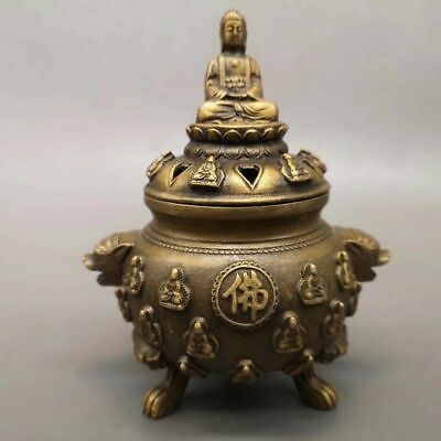 #ad Chinese Old copper handcrafted Guanyin Buddha incense burner Xuande Year $79.72