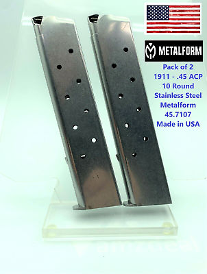 #ad Pack of 2 1911 10 ROUND MAGAZINE .45 ACP AUTO METALFORM 45.7107 EXTENDED MAG $37.95