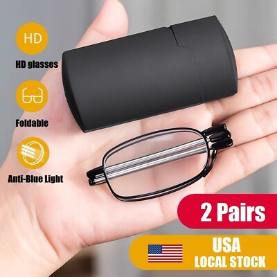 #ad 2 PAIR Metal Compact Folding Anti Blue Light Reading Glasses w Carrying Case US $9.98