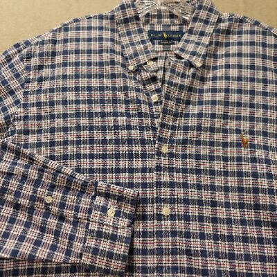 #ad Mens Ralph Lauren Button Shirt Blue White Red 100% Cotton Classic Fit Oxford XL $18.78