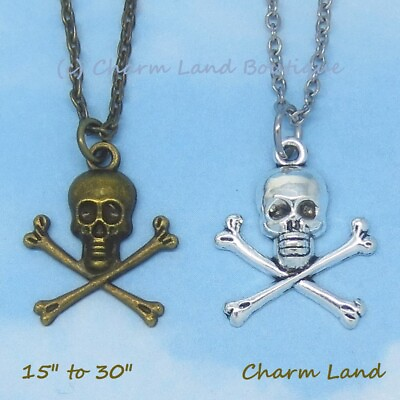 #ad Skull Crossbones Pendant or Necklace Silver Brass Bronze Pirate 10066 Charm Land $8.99