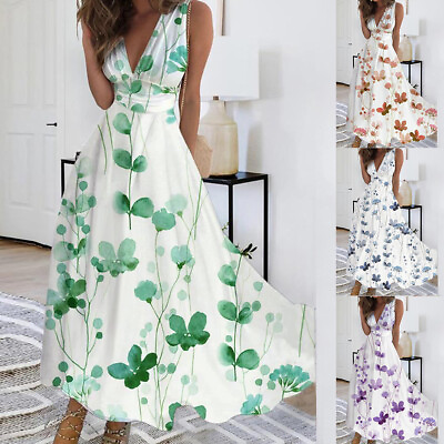 #ad #ad Womens Boho Floral Sleeveless Maxi Dresses V Neck Beach Holiday Long Sundresses $24.39