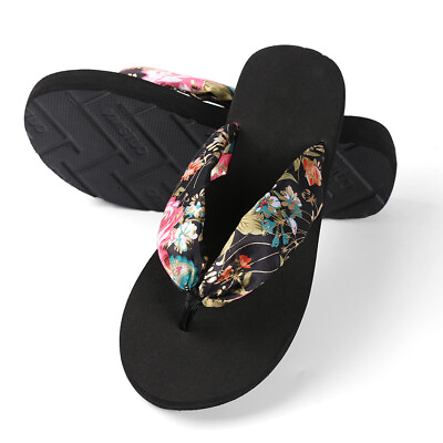 #ad Women Fashion Floral Thong Flip Flops Summer Beach Anti Slip Black Sandals 7 8 $14.24