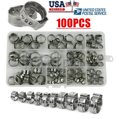 #ad 100pcs Assorted Hose Clamps Stainless Steel Ear Cinch Rings Crimp Pinch Kit $16.89
