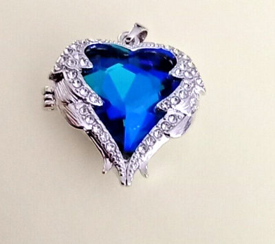 #ad VTG silver tone rhinestone angel wings heart pendant with blue crystal heart $28.50