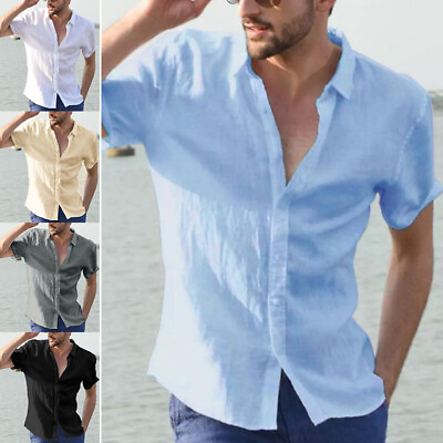 #ad Men Linen Cotton Casual Button Shirt Short Sleeve Beach Formal Blouse Tee Tops $18.26