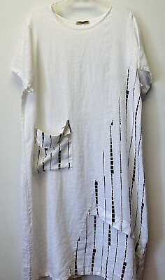 #ad BEYOND CAPRI Linen Lagenlook White amp; Black Dress One Size Pocket Made In Italy $31.98