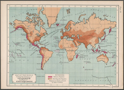 #ad Handsome Vintage Color World Map of Distribution of Volcanoes and Earthquakes $6.99