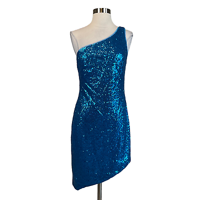 #ad Women#x27;s Cocktail Dress by AQUA Size Medium Blue Sequin One Shoulder Mini Sheath $39.99