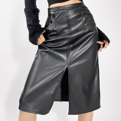 #ad Womens Sexy PU Leather High Waist Slit Front Slim Fit Fashion Midi Skirt Dress $48.02
