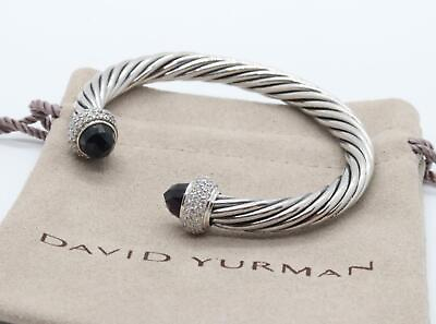 #ad David Yurman Silver 7mm Cable Candy Bracelet Black Onyx with Diamonds size M $495.00