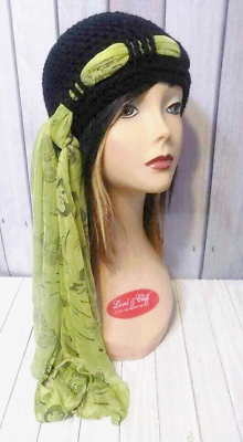 #ad crochet hat beanie scarf chemo cancer woman handmade black olive green $17.08