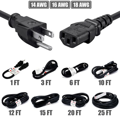 #ad 1 2 3 6 10 12 15 20 25FT Power Cord Cable 3 Prong NEMA 5 15P to IEC 320 C13 LOT $37.92