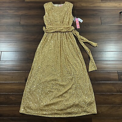 #ad LDT Women#x27;s Size 6 Gold Sequin Ivy Goddess Long Gown Dress $64.95
