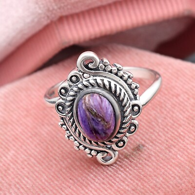 #ad Natural Charoite Gemstone Handmade 925 Sterling Silver Ring Size 9 $32.99