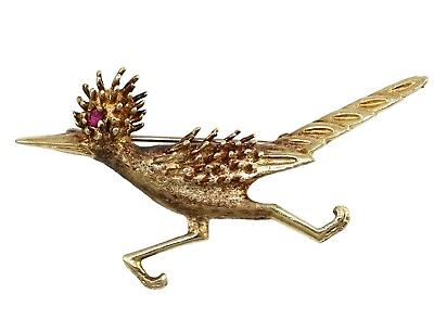 #ad Vintage Retro Solid 14K Yellow Gold Natural Ruby Textured Road Runner Pin Brooch $308.99